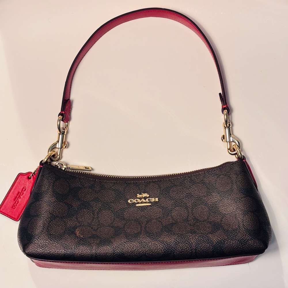 COACH Charlotte Shoulder Bag In Signature Canvas (CX810)Gold/Walnut/Bold-Red - Picture 14 of 14